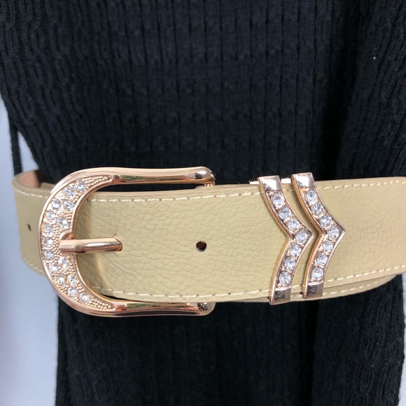 Accessories - Faux Leather Belt with Rhinestone Accent Buckle